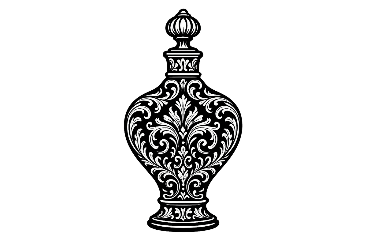 crea el ícono en blanco y negro de una botella de perfume antigua con estilo barroco