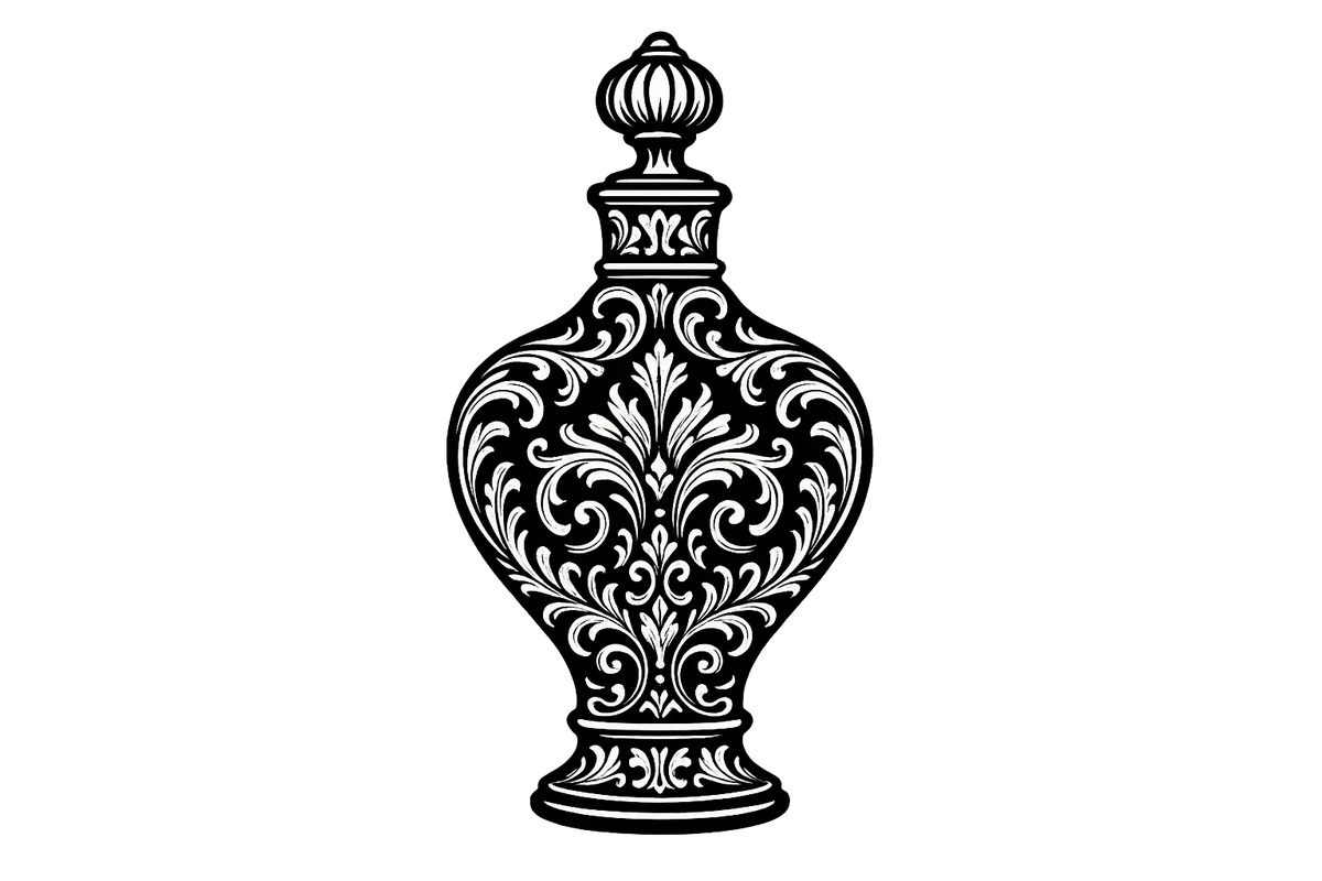 crea el ícono en blanco y negro de una botella de perfume antigua con estilo barroco