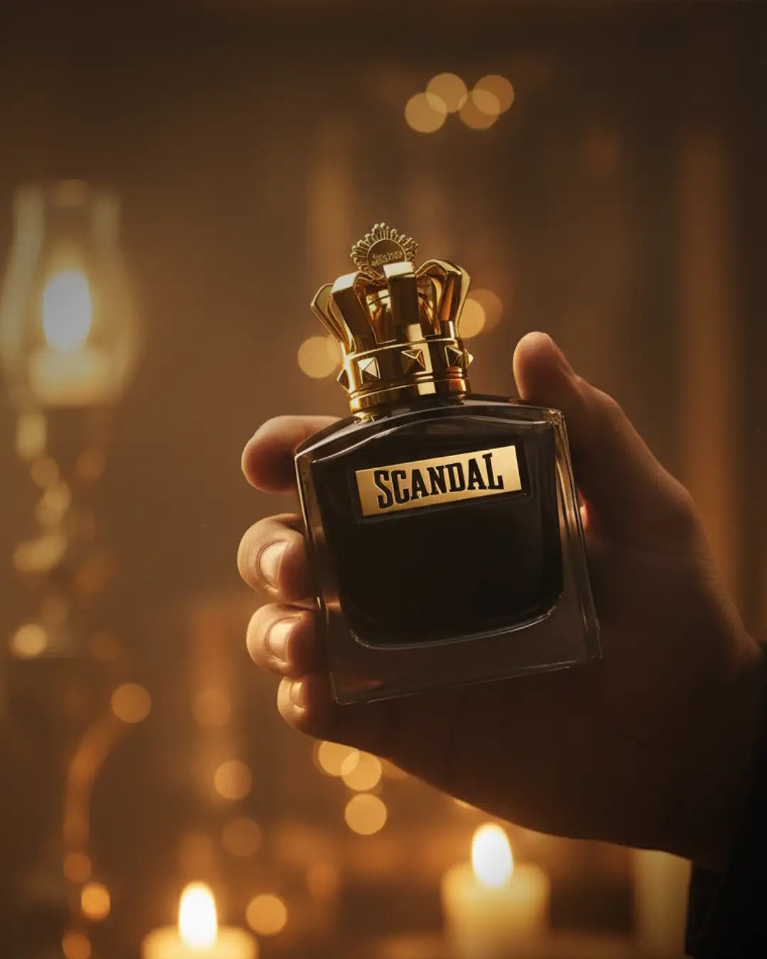 Una elegante botella de vidrio negro del perfume Scandal de Jean Paul Gaultier, coronada con una tapa de corona dorada ornamentada.